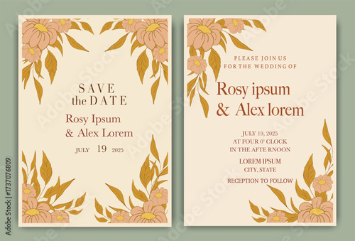 Elegant wedding invitation card featuring anemone flowers and date information.