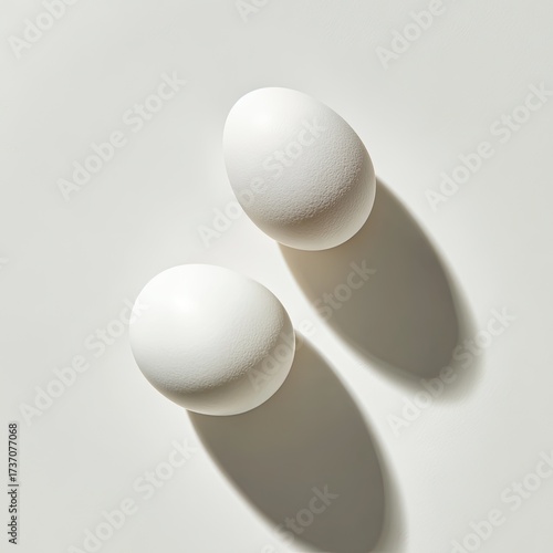 Two white eggs cast distinct shadows against a stark white backdrop. Top-down view, minimalist