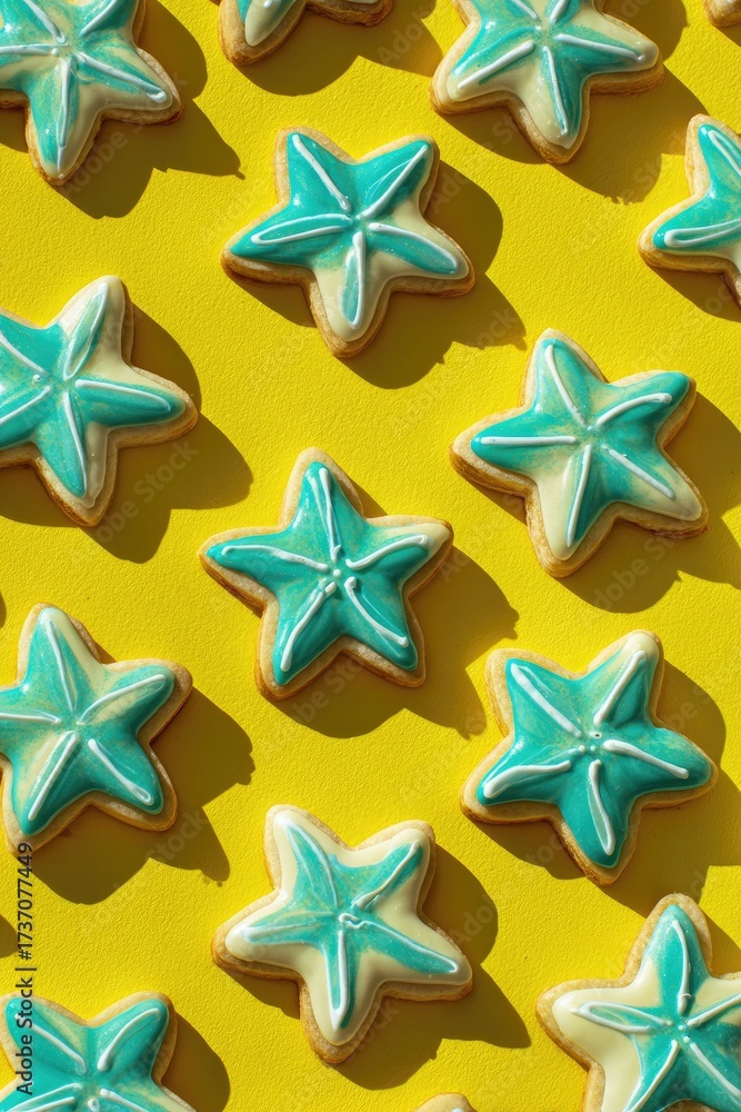 Obraz premium Star-shaped cookies, teal icing, yellow background