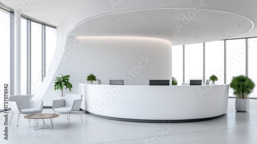 Minimalist office reception with clean white walls and modern furniture, bathed in soft natural light.