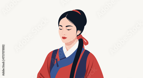 Cultural Portrait, Woman in Traditional Dress, Studio Setting, Illustration, Calm Environment, Close-Up, Heritage Representation
