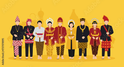Cultural Celebration, Traditional Attire, Group Portrait, Yellow Background, Digital Illustration, Vibrant Atmosphere