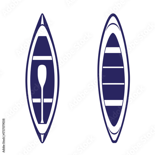Two minimalist blue canoe illustrations showing both paddle and empty seating arrangements