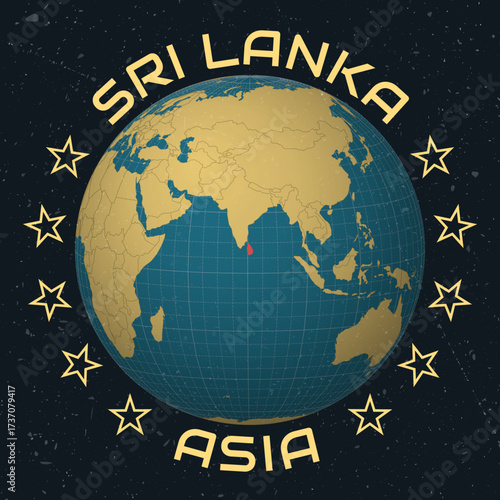 Sri Lanka on Globe. Country name round text. Vintage look with grunge scratched texture. Country view on world map in Sky Blue Light Yellow color palette. Sri Lanka shape on map.