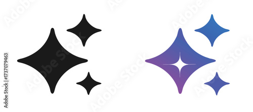Artificial intelligence star logo generation, generative AI logo, AI magic sparkle stars, chat with AI application, artificial intelligence online tool concept