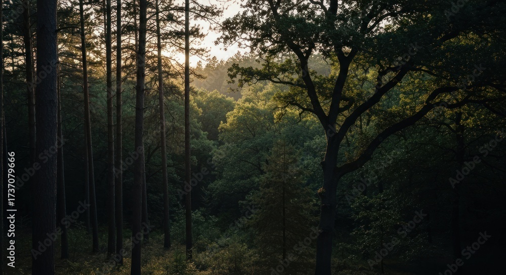 Obraz premium Sunlight filtering through a dense forest