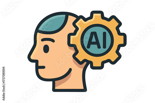 Artificial intelligence concept. Human head profile with AI gear icon. Machine learning, brain process, and technology innovation. Cyborg mind, futuristic robotics vector.