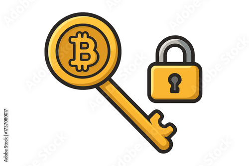 Bitcoin private key and lock icon. Cryptocurrency security concept. Digital wallet access and protection. Blockchain technology safety and encryption. Financial asset vector illustration.