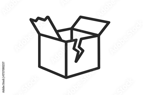 Damaged box vector line icon. Concept for fragile delivery, shipping problem, broken parcel or return. Open empty cardboard container pictogram. Minimalistic graphic design element.