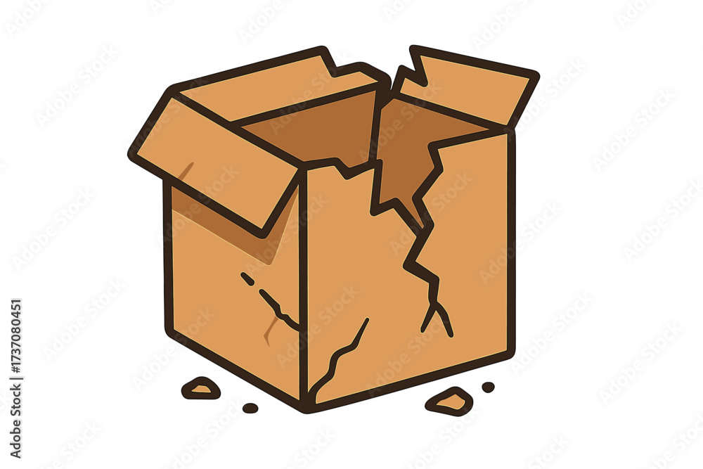 Broken box vector icon. Damaged delivery package concept. Fragile carton smashed and cracked. Shipping problem or poor handling. Empty cardboard trash, garbage or refuse.