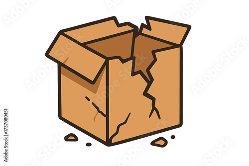 Broken box vector icon. Damaged delivery package concept. Fragile carton smashed and cracked. Shipping problem or poor handling. Empty cardboard trash, garbage or refuse.