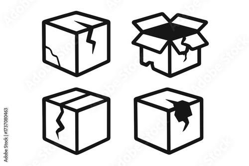 Broken box line icon set. Damaged package, delivery issue. Fragile cargo, shipping problem symbol. Defective product, return goods vector icon. Poor handling pictogram.