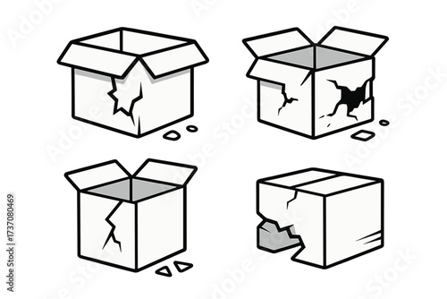 Broken box line icon set. Damaged cardboard package vector cartoon. Fragile delivery, shipping problem concept. Carton waste, trash. Return, loss, defective goods symbol.