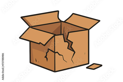 Broken box vector icon. Damaged cardboard carton illustration. Concept for fragile package, shipping problem, delivery issue, poor handling. Cracked open empty container symbol.