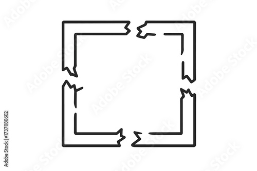 Broken box outline vector icon for web design. Concept of separation, crisis, or deconstruction. Fractured square frame symbol for failure, damage, and breaking free. Line art.