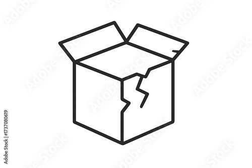 Broken box outline icon. Damaged package symbol. Fragile cargo concept. Cracked open carton. Shipping problem or delivery issue. Defective product return. Poor handling vector.