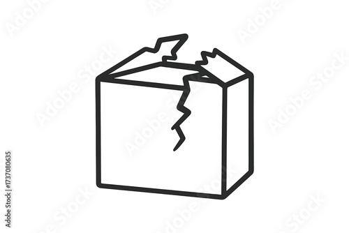 Broken box outline icon. Damaged package symbol. Simple linear vector of a crushed cardboard box. Concept for delivery problems, shipping insurance, fragile goods, and returns.