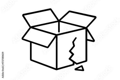 Broken box outline icon. Damaged package symbol for shipping and delivery. Fragile cargo concept. Vector illustration of a cracked open carton. Poor handling, return goods.