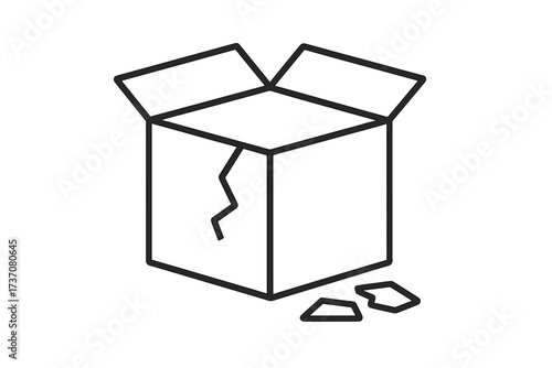 Broken box outline vector icon. Damaged package or fragile carton concept. Cracked, empty container illustration for delivery service problems, shipping insurance claims. Linear symbol.