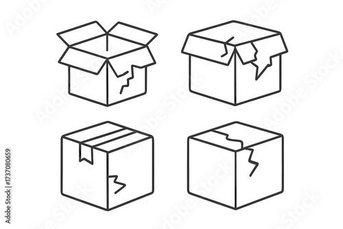 Broken box icon set. Damaged cardboard package vector illustration. Shipping problem, delivery issue, fragile cargo concepts. Open, closed, crushed parcel line art symbols.