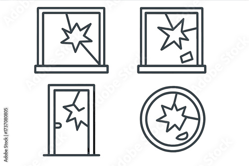 Broken window and door outline icon set. Shattered glass concept for vandalism, accident, or damage. Vector illustration of destruction, crime, and insurance claim symbols.