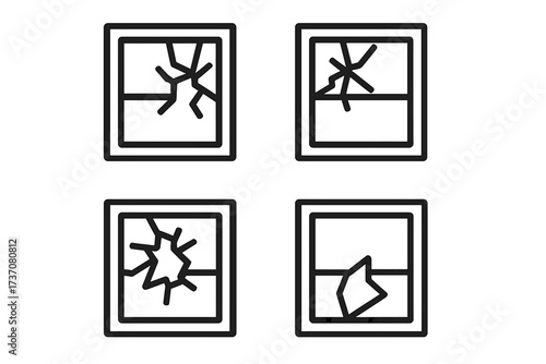 Broken window line icon set. Shattered glass symbol collection. Concept of damage, vandalism, accident. Vector outline illustration for web design, UI, UX, and apps.