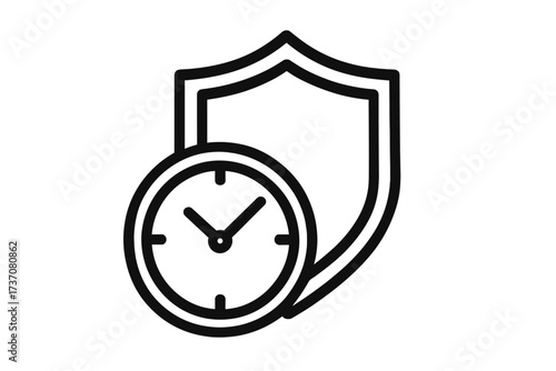Shield and clock icon. Metaphor for time protection, long-term guarantee, warranty period, reliability. Secure time management and deadline safety. Vector outline logo concept.
