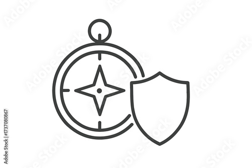 Compass with shield icon for secure navigation and safe travel. Metaphor for protection, guidance, direction, safety, and reliability. Insurance logistics concept. Line vector.