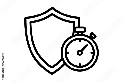 Time protection icon. Security shield and stopwatch symbol. Fast defense concept. Limited warranty or guarantee duration. Deadline timer vector. Long term safety illustration.