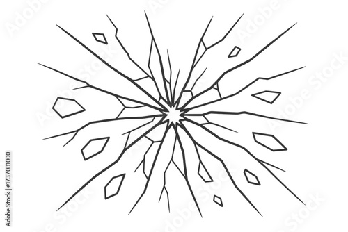 Broken glass outline vector illustration set. Shattered window with cracks from a bullet hole impact. Damaged surface texture for graphic design. Concept of destruction, vandalism.