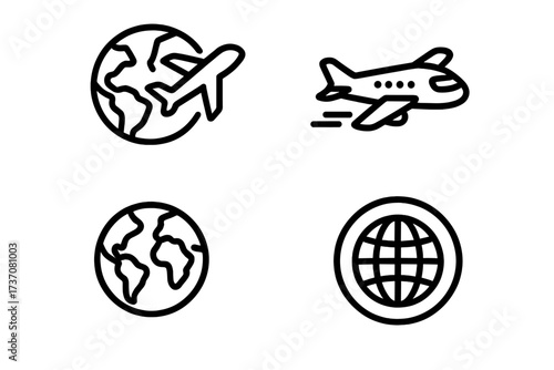Travel line icon set with editable stroke. Symbols for global flight, aviation, and international journey. Includes airplane, planet Earth, and world globe vector icons for web.