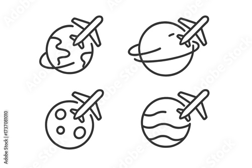 Airplane travel line icon set. Global flight and world tour concept. Planet Earth, space, and moon exploration symbols. Editable stroke vector pictogram for web and app design.