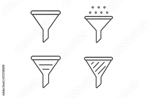 Filter and funnel line icon set for web and apps. Vector symbols for data sorting, sales funnel, and conversion. UI UX pictogram collection for digital marketing and interface design.
