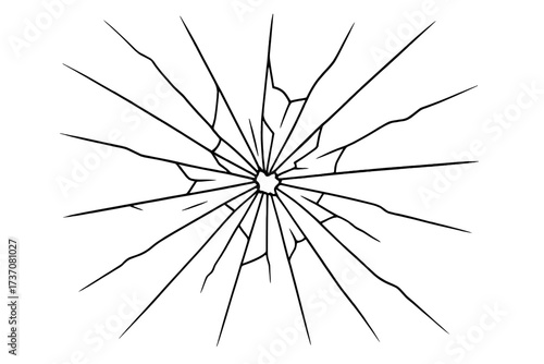 Shattered glass vector. Cracked window texture with a hole from impact. Broken surface background. Destruction, damage abstract concept. Vandalism illustration. Isolated element.