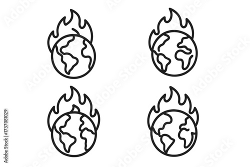 Global warming vector icon set. Planet Earth on fire. Climate change concept. World burning metaphor, environmental disaster. Ecology, hot temperature, pollution line art icons.