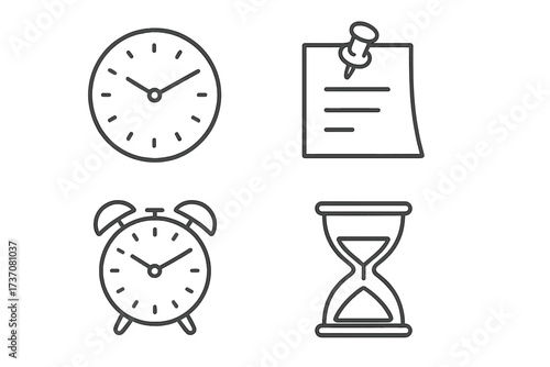 Time management line icon set. Vector outline symbols of clock, alarm, reminder, hourglass. Concepts of schedule, deadline, appointment, timer, countdown, punctuality, watch.
