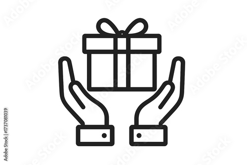 Hands holding gift box icon. Giving a present concept. Charity, donation, bonus, or reward symbol. Minimal line art pictogram for web, app. Vector logo for loyalty program.
