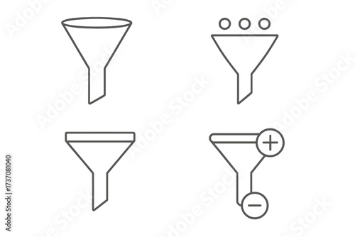 Vector filter and funnel line icon collection. Symbols for data sorting, refinement, and analysis. UI UX elements for web and app design. Concept of conversion and sales funnel.