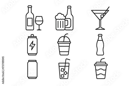 Drink and beverage line icon set. Collection of outline signs for bar menu, web design. Alcoholic, non-alcoholic drinks. Wine, beer, cocktail, soda, juice, energy drink.