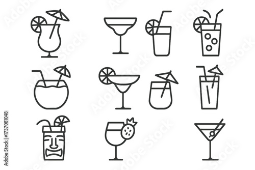 Summer cocktail line icon set. Tropical beach drinks collection for bar menu or vacation party. Vector graphic icons with editable stroke. Margarita, martini, tiki, coconut.