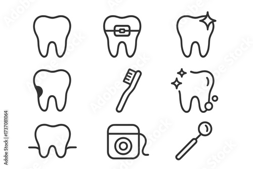 Dental line icon set. Dentistry, tooth care, oral hygiene concept. Tooth, braces, caries, toothbrush, floss, dentist tool. Minimalistic pictogram for web design, apps, banners.