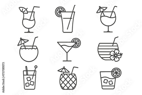 Beach cocktail line icon set. Tropical summer drinks collection. Vector outline symbols for bar menu, party invitation. Margarita, mojito, pina colada. Editable stroke.