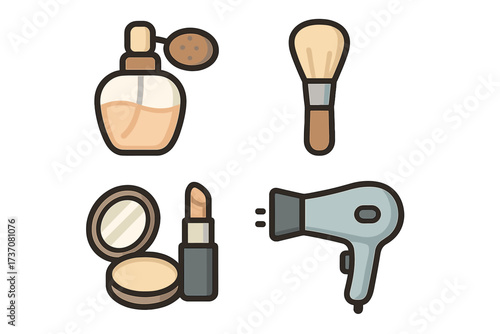 Beauty icon collection. Vector graphic set with perfume, makeup brush, cosmetic powder, lipstick, hairdryer. Flat cartoon symbols for salon, spa, glamour, and beauty care.