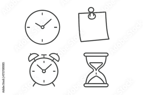 Vector outline icons collection of time management symbols. Clock, reminder, alarm, hourglass drawn with thin line. Deadline, schedule, timer, watch, sandglass concept.