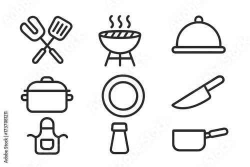Simple cooking outline icon set. Vector kitchen utensil collection with barbecue grill, pot, plate, knife, apron. Culinary line art icons for web and graphic design.