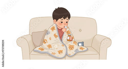 Vector illustration of a sick child sitting on sofa