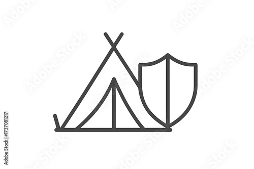 Camping safety icon. Travel insurance symbol. Secure shelter, protected home, safe tourism. Outdoor adventure defense. Metaphor for refugee protection, humanitarian aid camp.