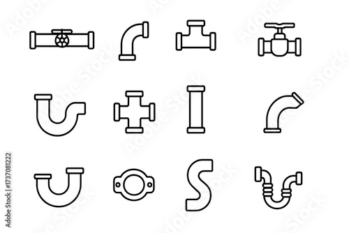 Plumbing pipe line icon set. Collection of pipe fittings, water pipeline, and valve symbols. Industrial construction and sanitary system vector signs. Editable stroke icons.