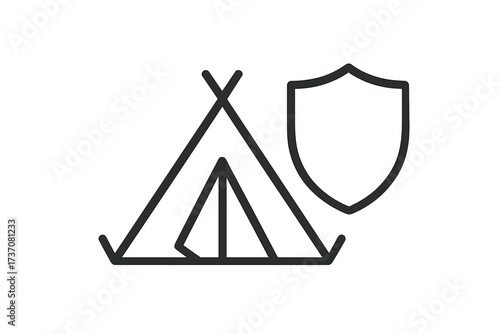 Safe camping and travel insurance concept. Tent with shield icon. Outdoor adventure, hiking and tourism protection. Campsite security. Wilderness safety and trip guard symbol.