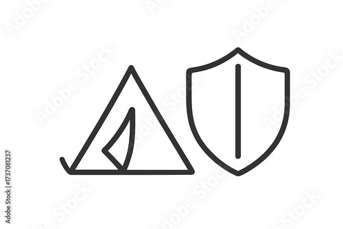 Tent and shield icon. Concept for travel insurance, camping safety, outdoor security, and trip protection. Metaphor for safe haven, protected area, refuge, and tourism guard.